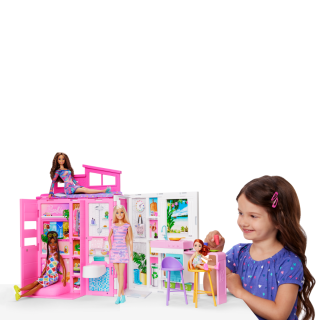 Barbie Maison De Vacances Coffret Et Poupée, 4 Zones Et 11 Accessoires